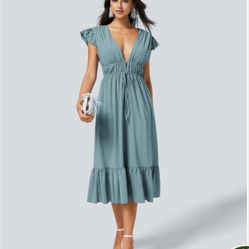 HALARA Stone Blue Midi Dress with Ruffle Detail